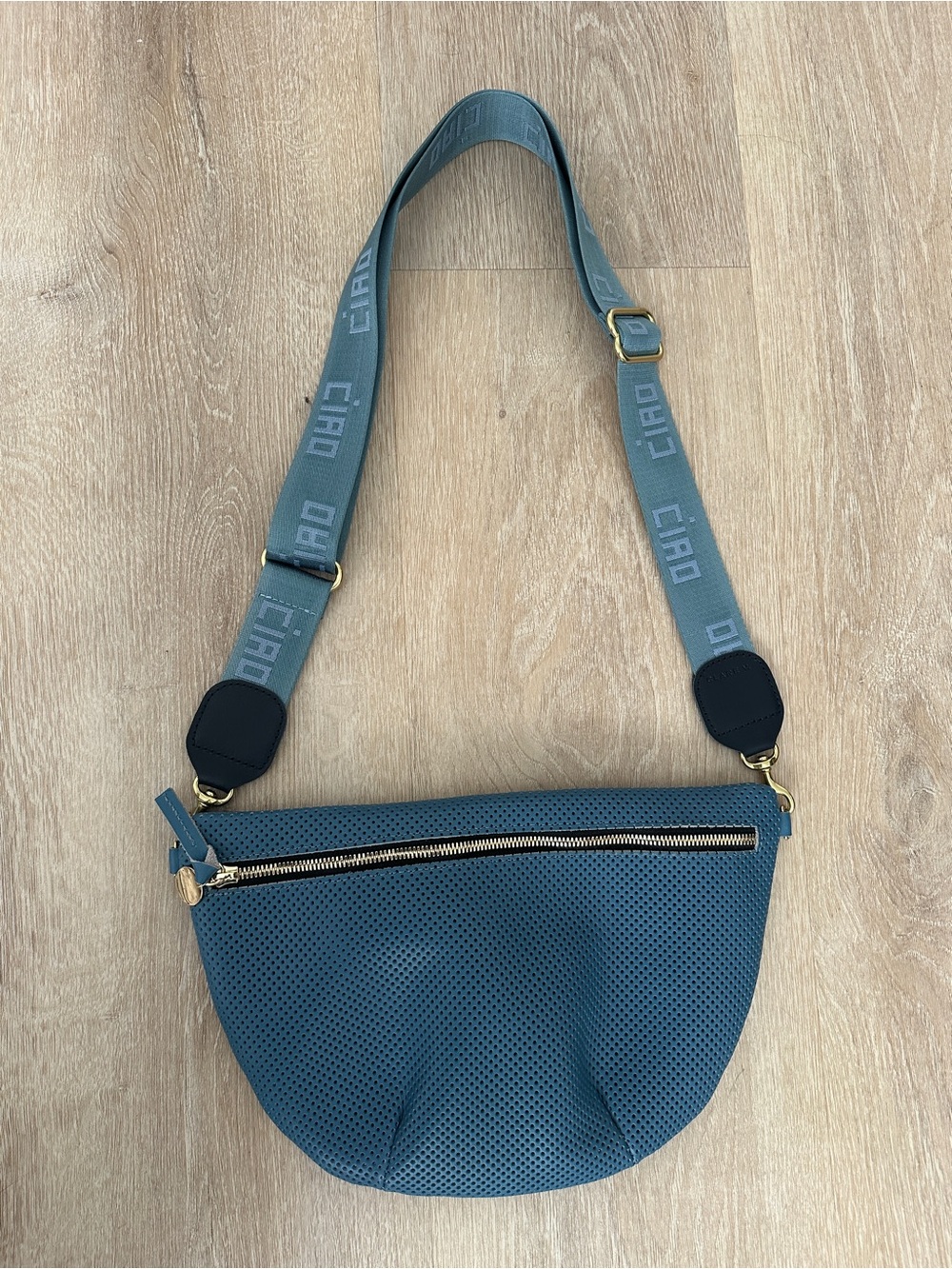 Clare V. Grande Fanny Perforated Leather Bag Blue